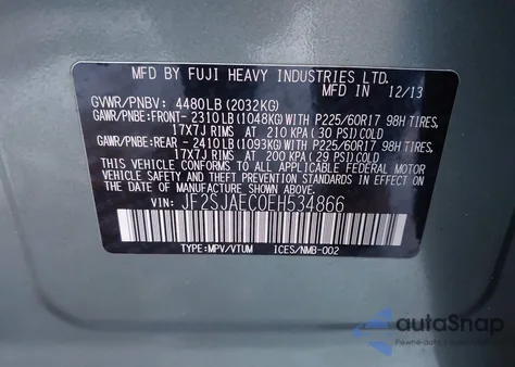 2014 Subaru Forester 2.5I Premium z USA, uszkodzony, nr VIN JF2SJAEC0EH534866